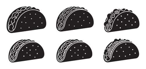 Set of six black taco icons with white line art details in a minimalist graphic silhouette style for fast food restaurant menu design or food truck branding