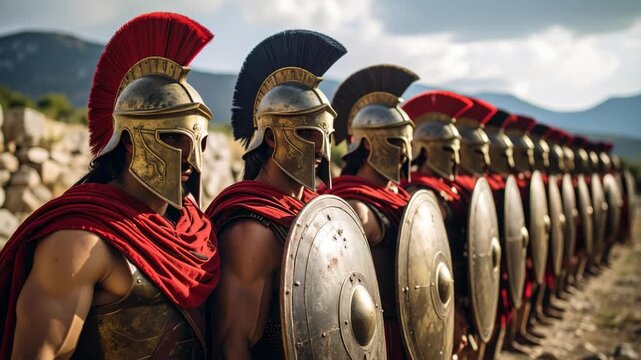 Line of ancient soldiers with bronze helmets, red cloaks and shields standing shoulder to shoulder in defensive formation ready for battle