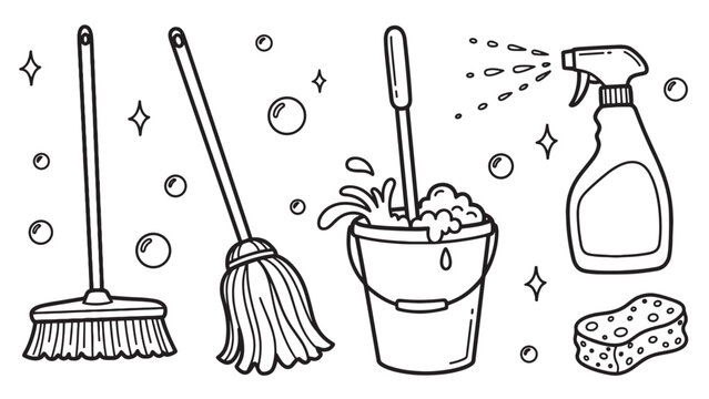 Black and white doodle illustration set of cleaning supplies including a broom, mop, bucket, spray bottle, and sponge with bubbles and sparkles in a cute cartoon style