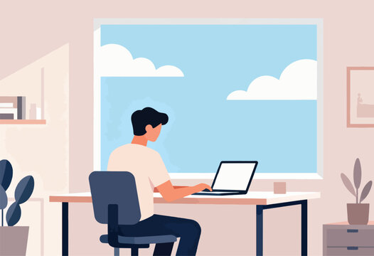 A person works at a desk facing a window with clouds, utilizing a laptop in a serene, stylized room