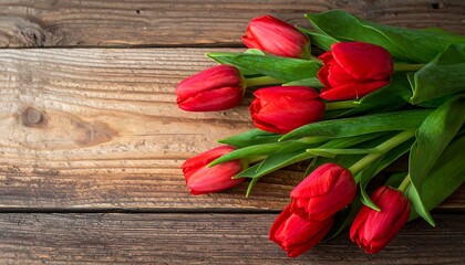 Vibrant Red Tulips on Rustic Wooden Surface, Springtime Beauty.