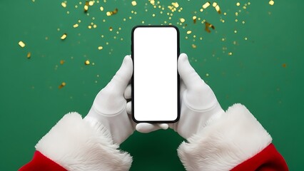 Santa Claus holding smartphone with blank screen for Christmas promotion advertisement