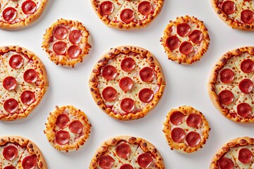 Small and large pepperoni pizzas forming a repeating pattern on a white background, creating an appetizing image