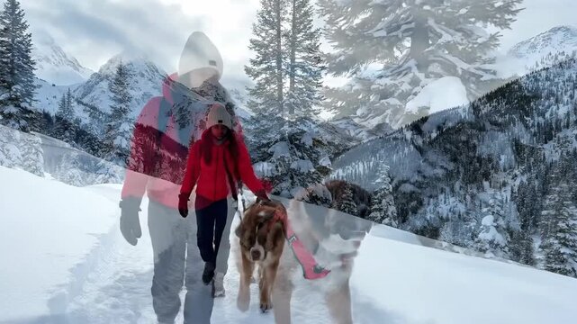 Woman and large dog enjoy a snowy walk through a mountain landscape under a cloudy sky