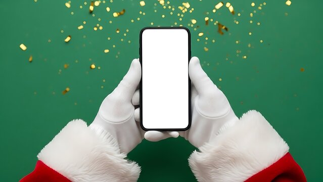 Santa Claus holding smartphone with blank screen for Christmas promotion advertisement