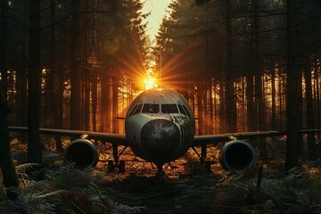 Obraz premium Abandoned airplane sits in a forest, illuminated by the rising sun