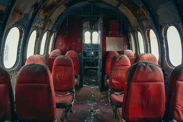 Rows of worn red passenger seats leading to the cockpit in an abandoned airplane interior