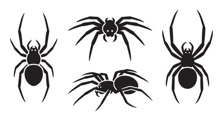 Four black spider silhouettes in a graphic vector style for Halloween decorations or scary design elements, showing different creepy crawly arachnid shapes from a top-down view