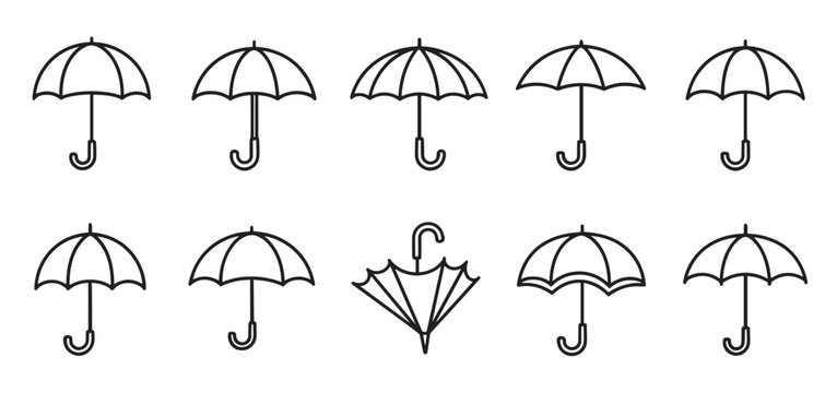 Set of black line art umbrella icons arranged in two rows, with one closed umbrella among several open ones, symbolizing weather, protection, and uniqueness