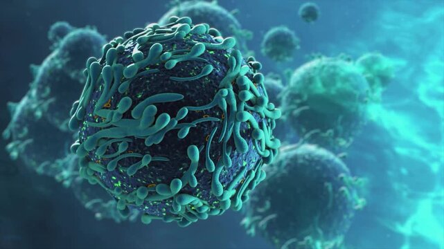 3D medical illustration of white blood cells attacking and destroying harmful viruses.
