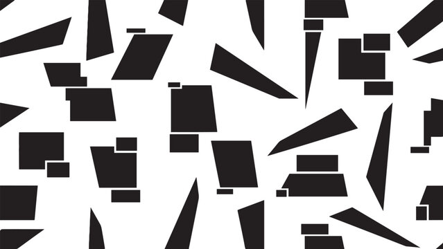 Black and white abstract geometric pattern with randomly scattered sharp-edged shapes creating a chaotic and dynamic modern composition with a minimalist high-contrast graphic style