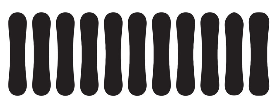 Collection of black snowboard silhouettes arranged vertically in a neat row, showcasing a minimalist and graphic design style for winter sports and recreation concepts