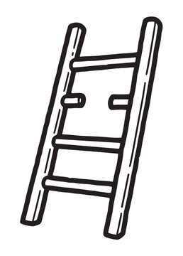 Hand-drawn wooden ladder with a broken rung in a simple black and white doodle style illustration, representing progress, steps, and climbing towards a goal or ambition