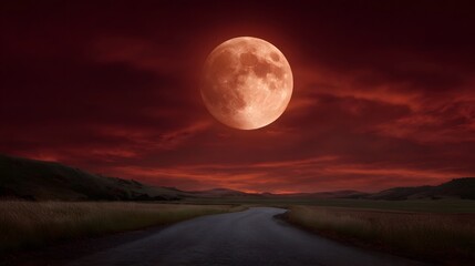 A dramatic blood red moon hangs in a crimson sky over a desolate rural landscape with a winding road