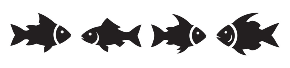 Obraz premium Set of four black fish icons with stylized shapes, a simple and minimalist graphic collection of aquatic animal silhouettes for logo or pictogram design