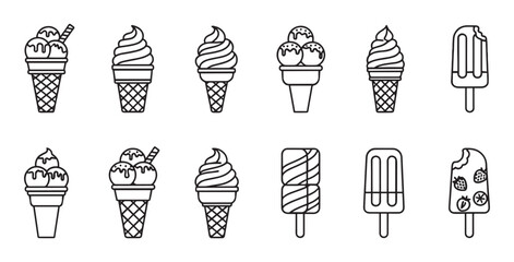 Set of black line art ice cream icons showing various frozen desserts like soft serve, scoops in waffle cones, and popsicles in a simple, minimalist graphic illustration style
