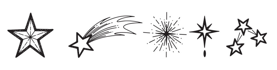 Fototapeta premium Hand-drawn black star doodle icon collection featuring a shooting star, starburst, and constellation symbols, presented in a simple, minimalist line art sketch style for graphic design