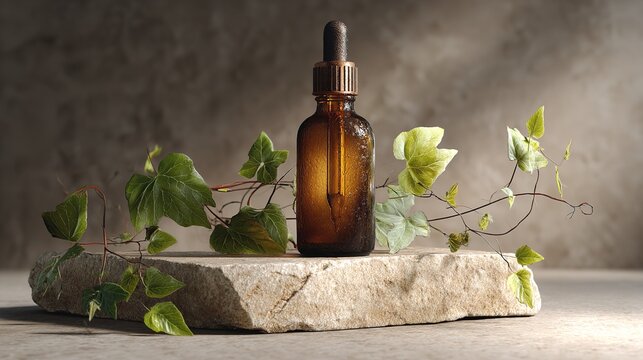 A rustic amber bottle rests serenely amidst trailing ivy embodying nature s healing touch and earthy well being with