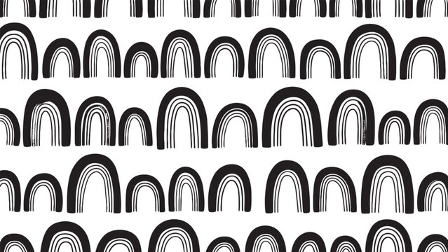 Fototapeta Hand drawn black and white rainbow pattern with minimalist arches in a repeating Scandinavian style, a simple boho graphic illustration for modern textile or wallpaper design