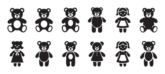 Black and white icons of teddy bears and dolls feature a collection of simple character designs in a minimalist, flat graphic silhouette style for children's themes