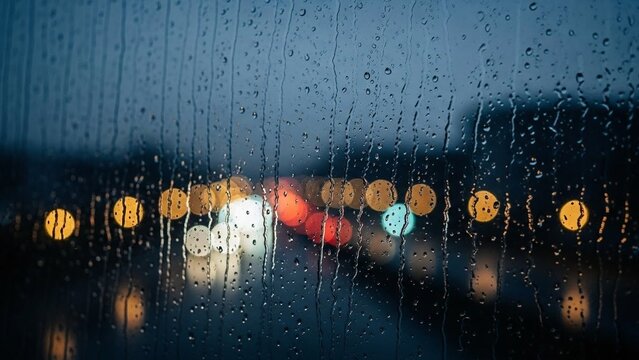 Rainy window moody cinematic ambiance with dramatic raindrop textures, soft glowing lights and emotional atmospheric visuals for commercial creative storytelling use