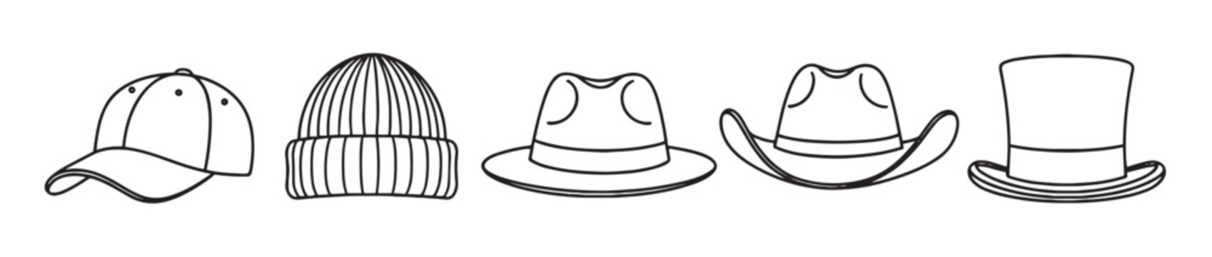 Set of five different hats including a baseball cap, beanie, fedora, cowboy hat, and top hat in a simple black and white line art illustration style