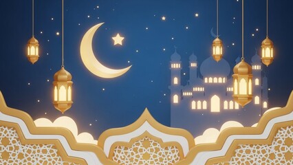 Obraz premium Ramadan Kareem or Eid al-Fitr Background with Mosque Silhouette, Crescent Moon, and Golden Lanterns