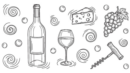 Hand drawn black and white wine set with bottle, glass, grapes, cheese and corkscrew in a vintage doodle style illustration for a winery menu or gourmet food concept
