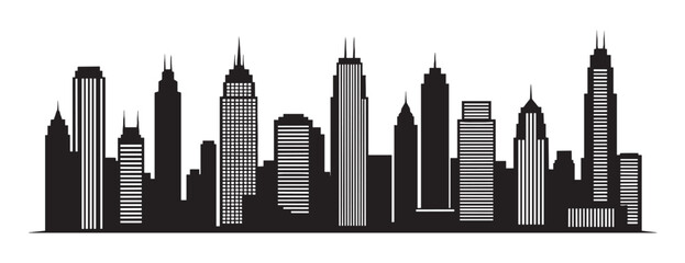 Obraz premium Modern city skyline silhouette with numerous skyscrapers and high-rise buildings, a black and white vector graphic illustration representing urban architecture and a downtown metropolis