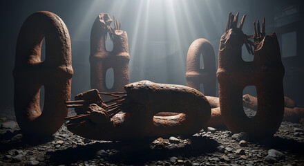 Rusty industrial metal chains on rough terrain illuminated by dramatic light rays