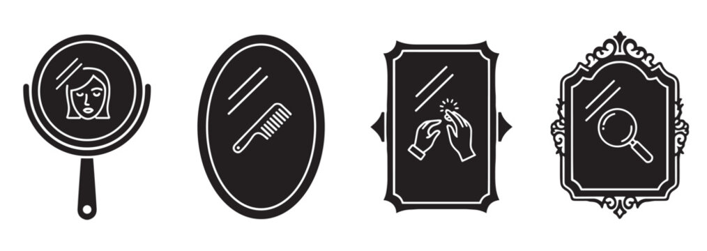 Four minimalist black mirror icons in various shapes showing reflections of a woman's face, a comb, hands putting on a ring, and a magnifying glass