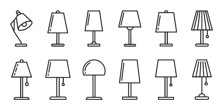 Collection of table lamp icons in a minimalist line art style showing various designs of desk and bedside lighting fixtures for home interior and office decoration concepts - Powered by Adobe