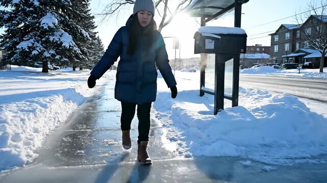 Slow motion footage of a woman carefully balancing as she walks on a dangerously slippery, icy sidewalk near a snow-covered bus stop on a sunny winter day.