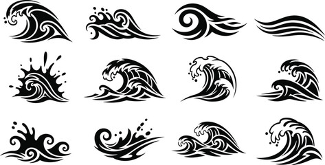 Ocean waves collection. Sea storm wave isolated. Waves, water elements set. Nature wave water storm linear style illustration
