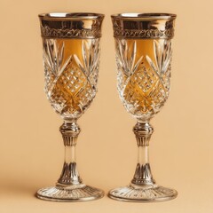 Two ornate crystal champagne glasses filled with a warm orange beverage against a plain beige backdrop.