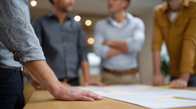 Professionals in a modern office collaborate intently discussing a detailed document spread across a table fostering teamwork and strategic planning