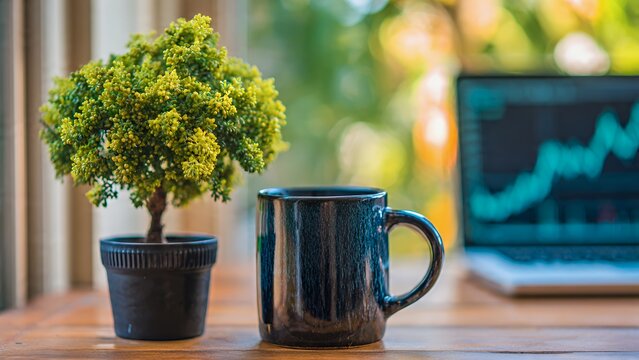Productive home office workspace with laptop displaying financial growth chart, coffee, and green plant
