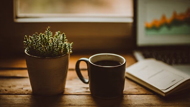 Coffee mug and succulent plant on a rustic wooden desk with a laptop and notebook - Powered by Adobe