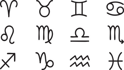 All 12 Zodiac Signs Outline Icon Set for Astrology and Horoscope Concepts