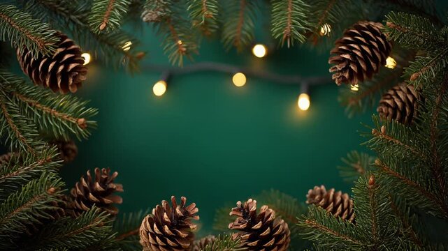 Pine branches with pinecones frame a festive deep green background and fairy lights.