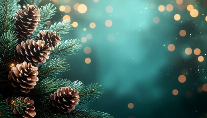 Pine branches with pinecones frame a festive deep green background and fairy lights.