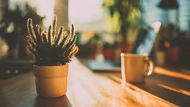 Potted Cactus Plant on Wooden Desk in Bright Sunlight