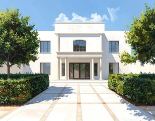 Fototapeta premium Elegant white villa exterior surrounded by manicured greenery under a clear sky