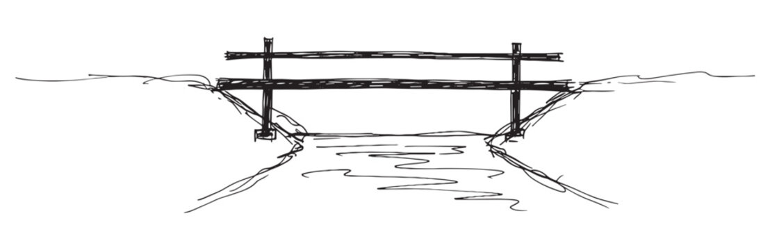 Small wooden bridge sketched with black ink crosses over a flowing stream, depicted in a simple, minimalist, and conceptual hand-drawn line art style