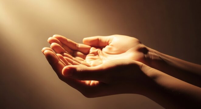 Open hands catching light, symbolizing hope, faith, or receiving blessings.