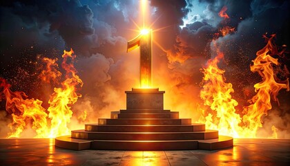 Triumphant Golden Number One on a Tiered Pedestal Surrounded by Intense Fire and Stormy Clouds