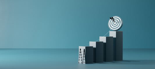 Business growth concept with ascending bar steps leading to a target board with arrows. Symbol of progress, achievement, strategy, leadership, and reaching business goals. © Smile Studio AP