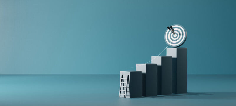 Business growth concept with ascending bar steps leading to a target board with arrows. Symbol of progress, achievement, strategy, leadership, and reaching business goals.