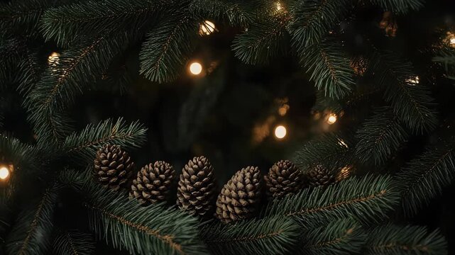 Pine branches with pinecones frame a festive deep green background and fairy lights.