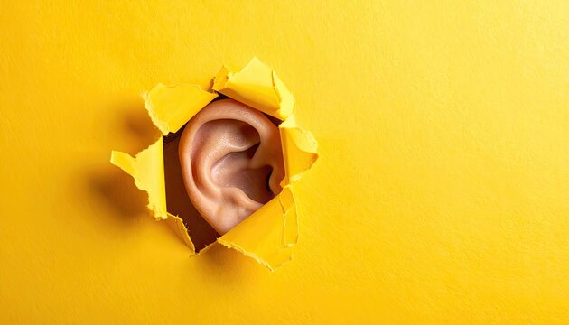 A human ear peers through a torn opening in a vibrant yellow surface.